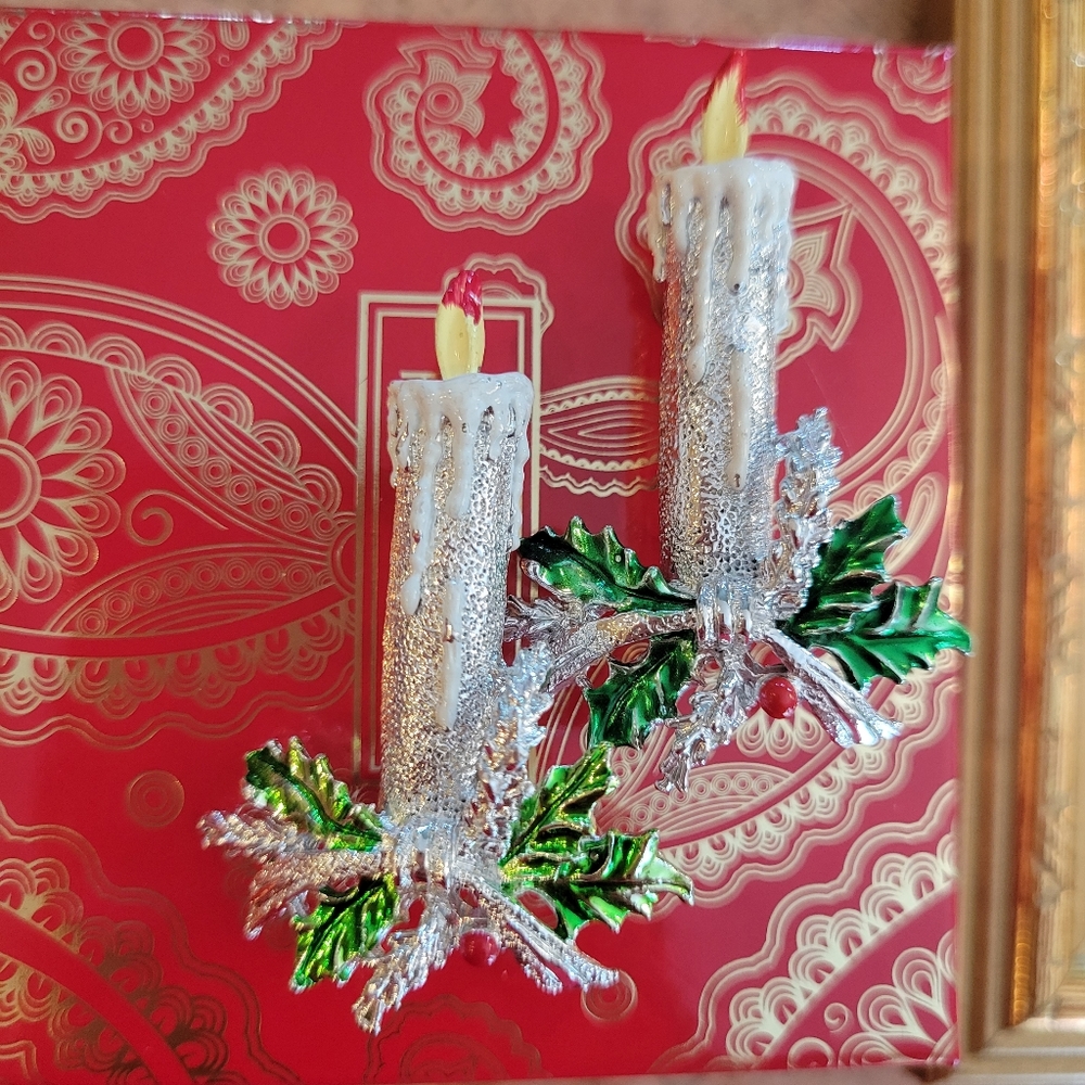 Vintage Gerry's Candlestick Brooch Duo ~ Silvertone ~ Pretty Christmas Pins